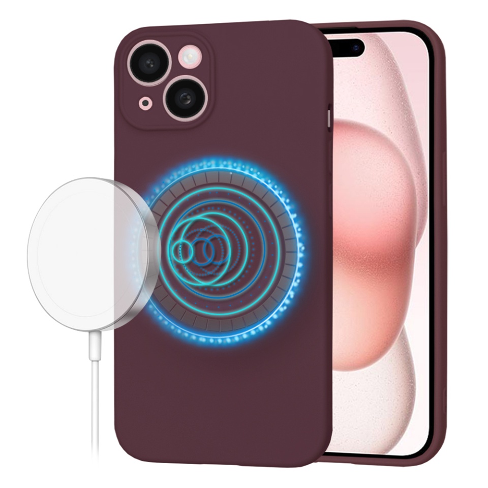 Husa pentru iPhone 15, SKYDDAR INNOVATION, din Silicon Catifelat, SoftFlex Magsafe, Bordo, set cu sticker