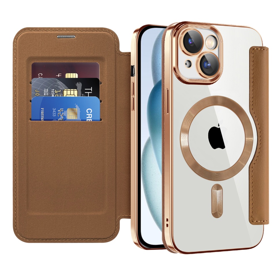 Husa pentru iPhone 15 tip carte, SKYDDAR INOVATION, SmartMag Book, Magsafe, RFiD, Suport Carduri, set cu sticker, Maro