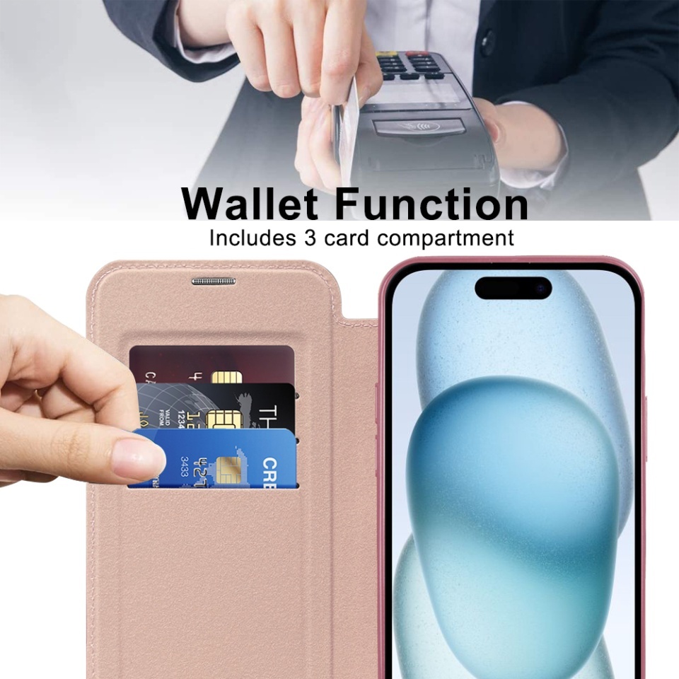Husa pentru iPhone 15 tip carte, SKYDDAR INOVATION, SmartMag Book, Magsafe, RFiD, Suport Carduri, set cu sticker, Roz - 5