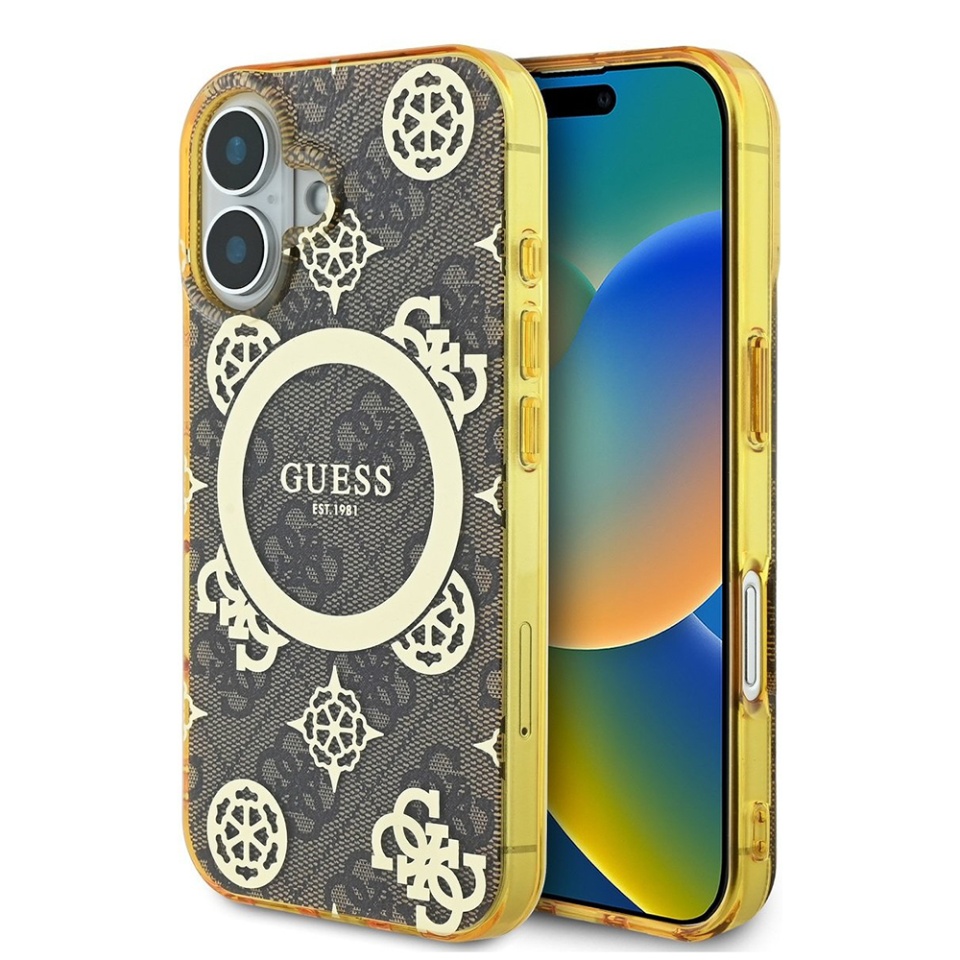 Husa pentru iPhone 16, Guess MagSafe Denim Pattern, Compatibila, Cadru Silicon, Logo Auriu, Design Slim, Maro