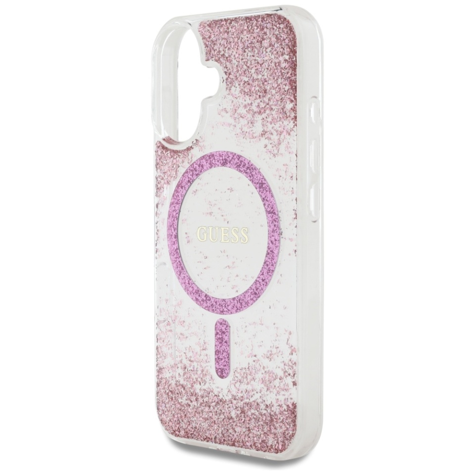 Husa pentru iPhone 16, Hardcase Resin Bottom Glitter MagSafe, Guess - Roz - 1 | YEO