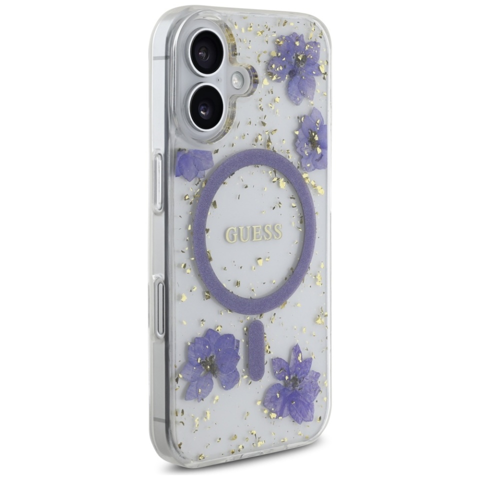 Husa pentru iPhone 16, Hardcase Resin Flowers and Glitter MagSafe, Guess - Mov - 3 | YEO