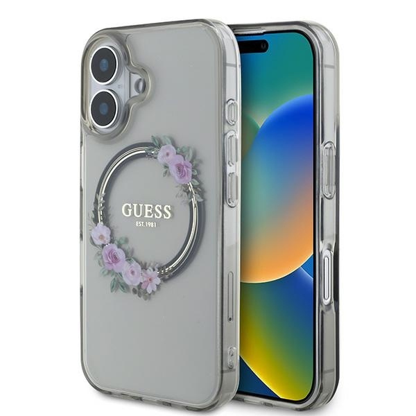 Husa pentru iPhone 16, IML Flowers Wreath MagSafe, Guess - Negru