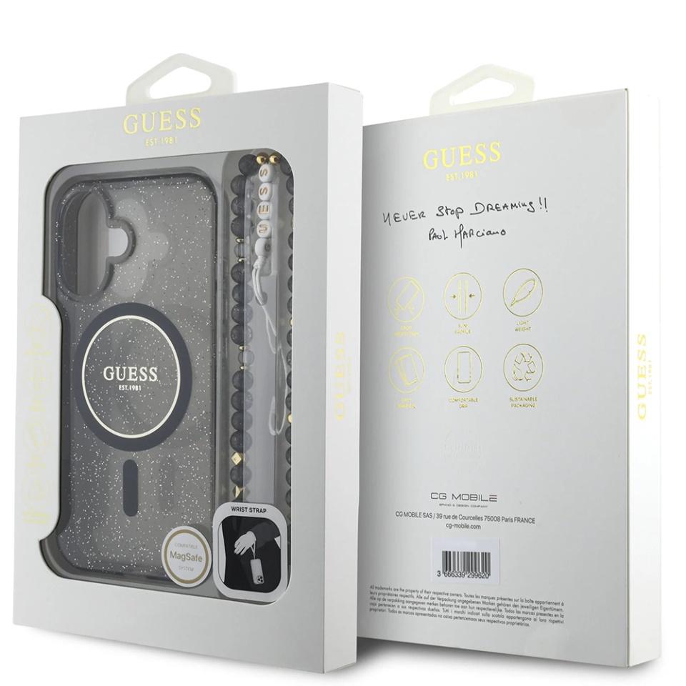 Husa pentru iPhone 16, IML Glitter with Pearl Strap MagSafe, Guess - Negru - 3 | YEO