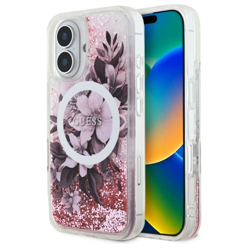 Husa pentru iPhone 16 Liquid Glitter Flower MagSafe, Guess - Roz