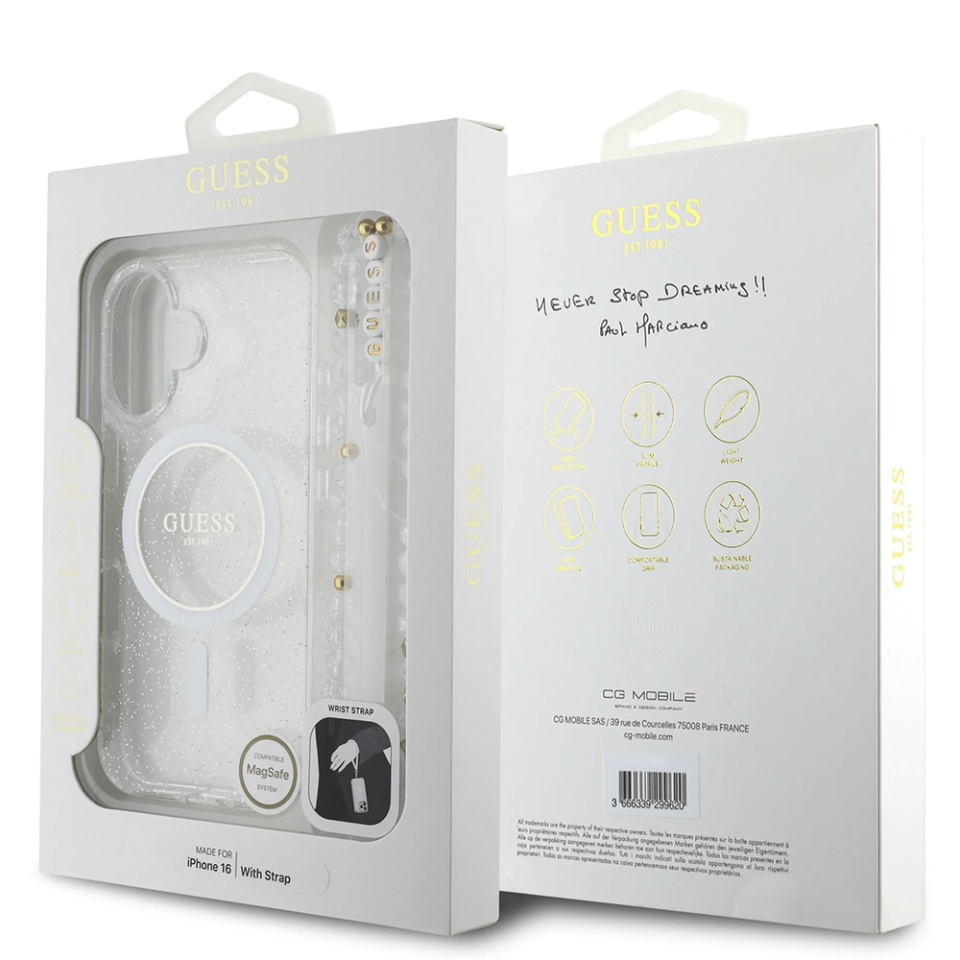 Husa pentru iPhone 16 Plus, IML Glitter with Pearl Strap MagSafe, Guess - Transparenta - 3 | YEO