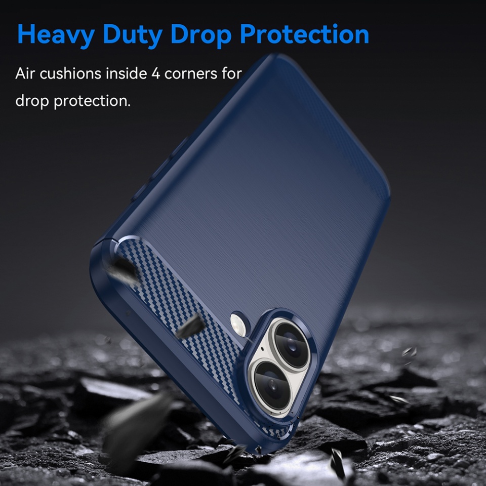 Husa pentru iPhone 16 Plus, SKYDDAR INNOVATION, Carbon Silicone, din Silicon Premium, Slim, cu textura Fibra Carbon, Albastru, set cu sticker - 3 | YEO