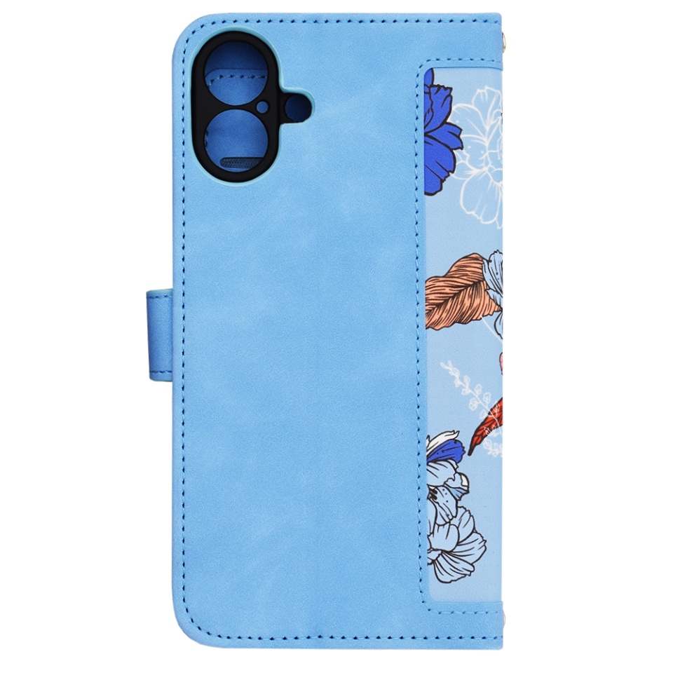 Husa pentru iPhone 16 Plus, SKYDDAR INNOVATION, Floral Wallet, din Piele Ecologică cu Design Floral, Protecție 360°, Stand Integrat, Buzunare pentru Carduri, Bleu, set cu sticker - 1 | YEO