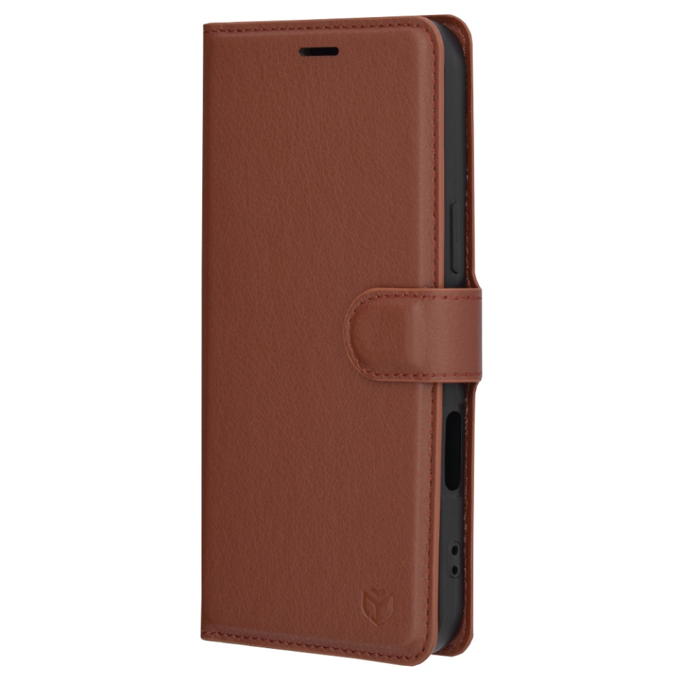 Husa pentru iPhone 16 Plus, SKYDDAR INNOVATION, Leather Folio, tip Carte, cu Portofel Interior, Finisaje Premium, Maro, set cu sticker - 3 | YEO