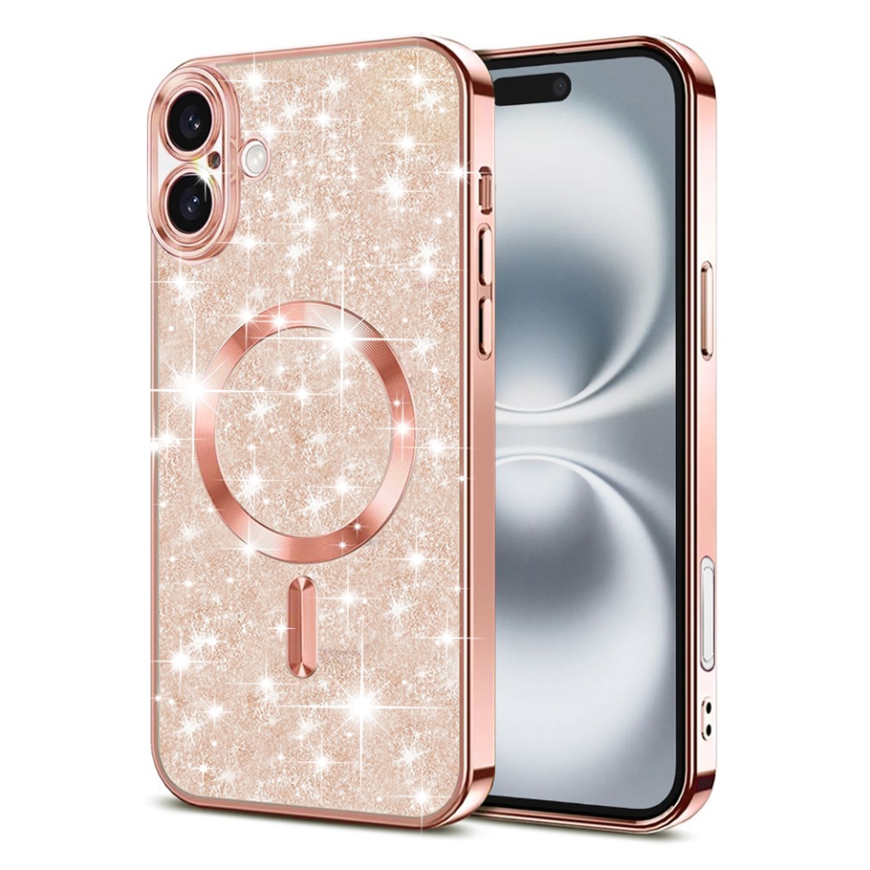 Husa pentru iPhone 16 Plus, SKYDDAR INNOVATION, Luxury Glitter Magsafe, Antisoc, Fundal Detasabil 2-in-1, Protectie Superioara, Margini Ridicate, Roz auriu, set cu sticker