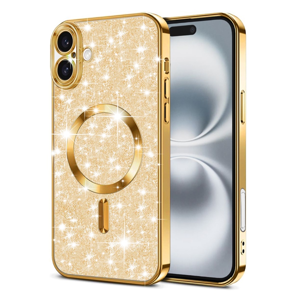 Husa pentru iPhone 16 Plus, SKYDDAR INNOVATION, Luxury Glitter Magsafe, Antisoc, Fundal Detasabil 2-in-1, Protectie Superioara, Margini Ridicate, Auriu, set cu sticker