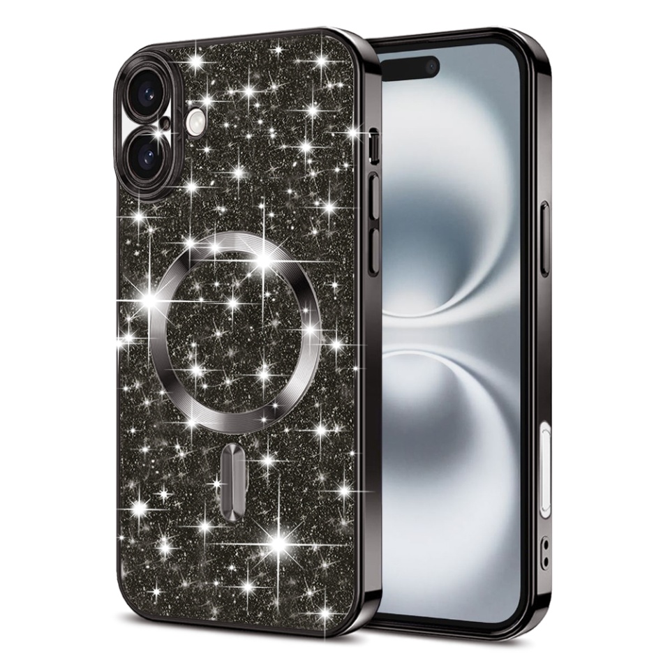Husa pentru iPhone 16 Plus, SKYDDAR INNOVATION, Luxury Glitter Magsafe, Antisoc, Fundal Detasabil 2-in-1, Protectie Superioara, Margini Ridicate, Negru, set cu sticker