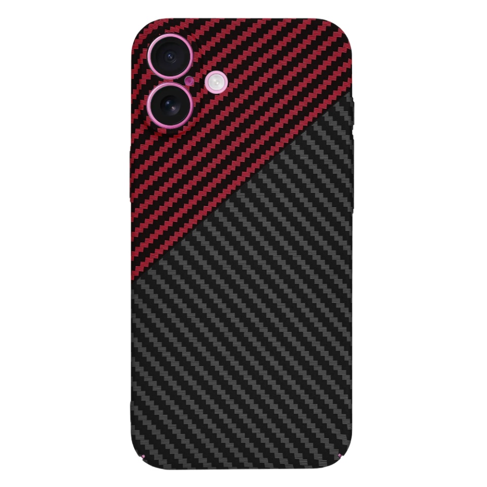 Husa pentru iPhone 16 Plus, SKYDDAR INNOVATION, textura carbon, Carbonite FiberShell, Rosu inchis, set cu sticker - 2 | YEO