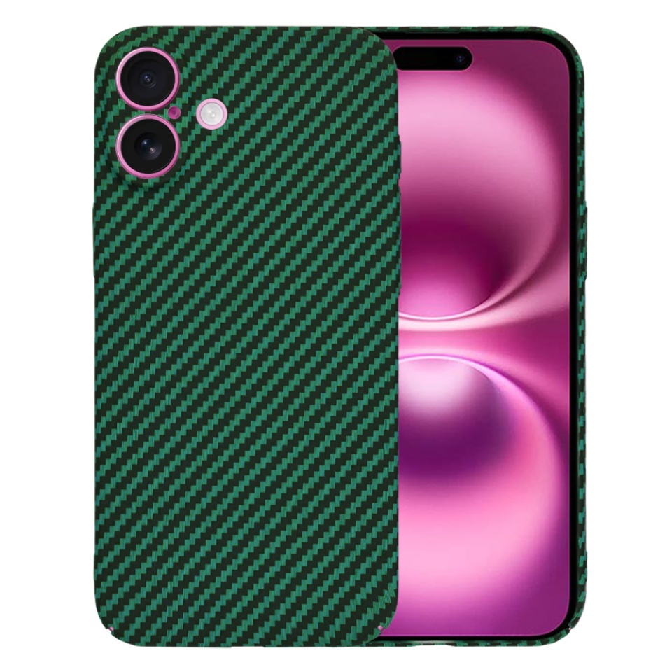 Husa pentru iPhone 16 Plus, SKYDDAR INNOVATION, textura carbon, Carbonite FiberShell, Verde, set cu sticker