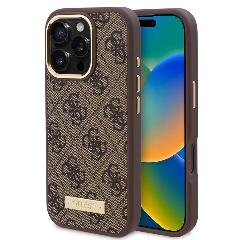 Husa pentru iPhone 16 Pro, Guess, Hardcase 4G Logo Plate MagSafe, Maro