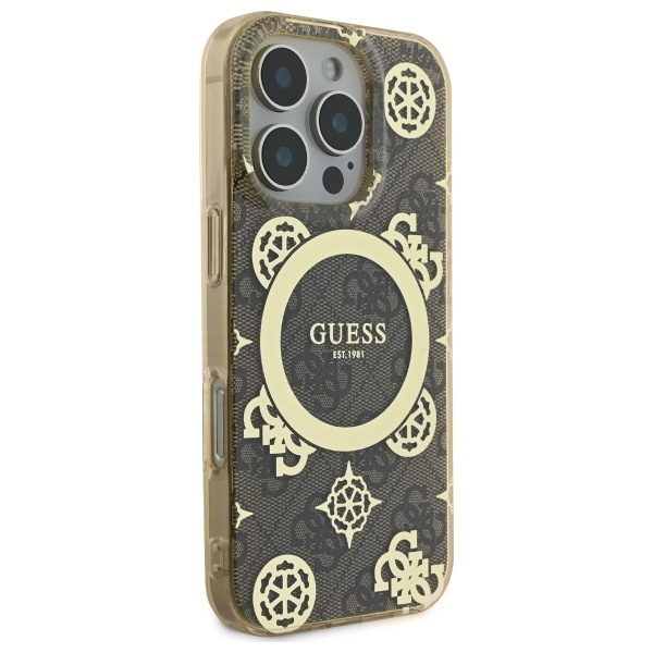 Husa pentru iPhone 16 Pro, Guess MagSafe Denim Pattern, Compatibila, Cadru Silicon, Logo Auriu, Design Slim, Maro - 1 | YEO