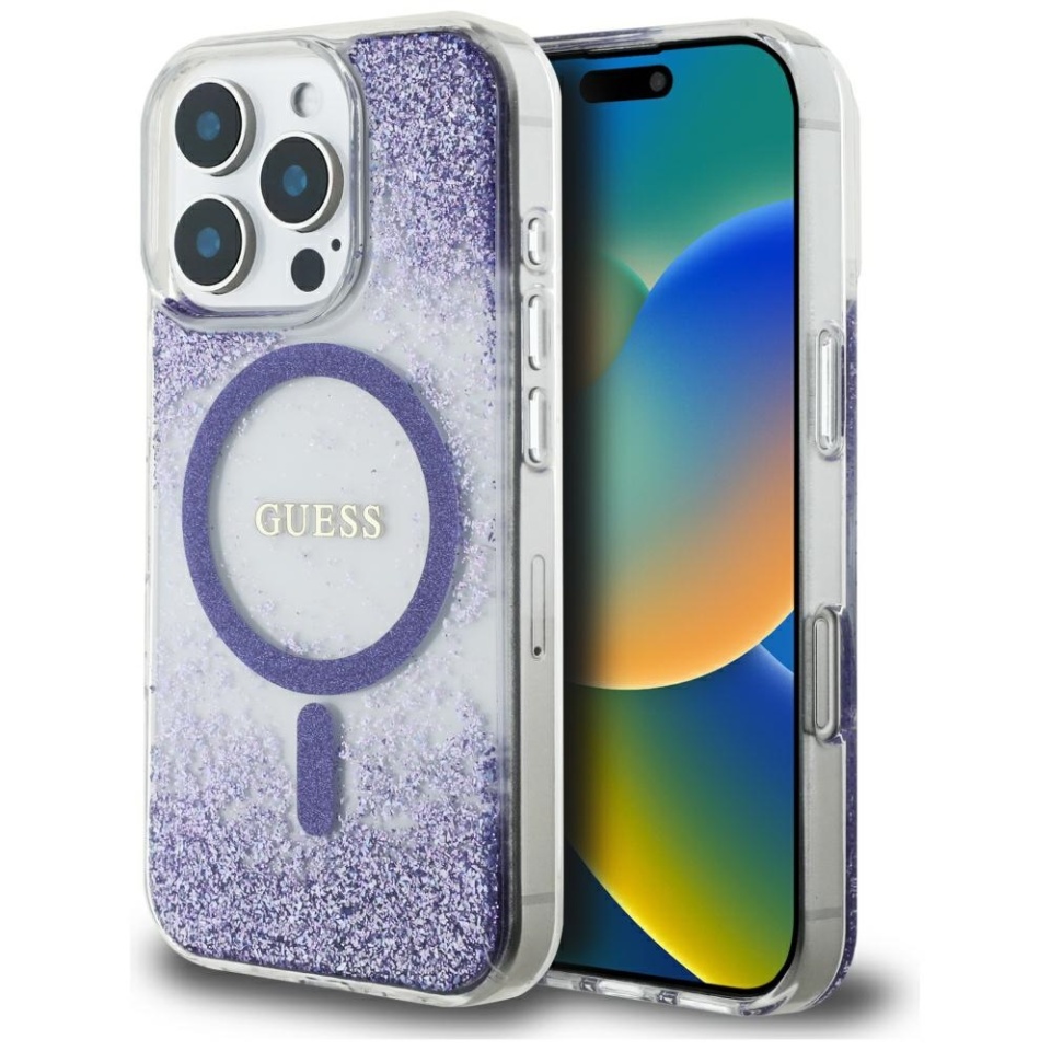 Husa pentru iPhone 16 Pro, Hardcase Resin Bottom Glitter MagSafe, Guess - Mov