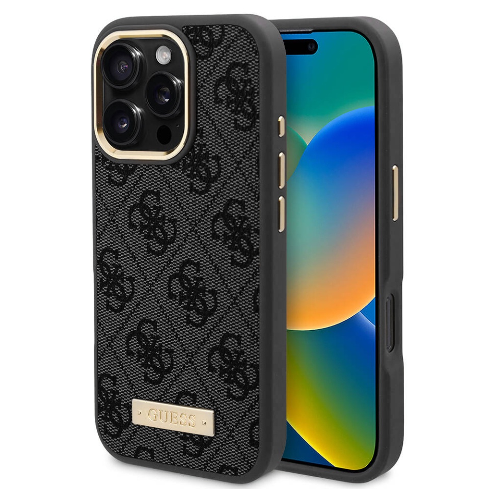 Husa pentru iPhone 16 Pro Max, Guess, Hardcase 4G Logo Plate MagSafe, Negru