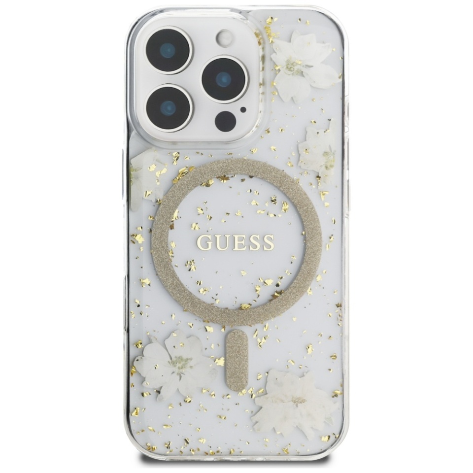 Husa pentru iPhone 16 Pro Max, Hardcase Resin Flowers and Glitter MagSafe, Guess - Bej - 2 | YEO