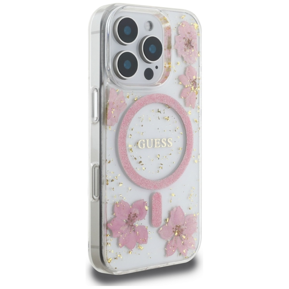 Husa pentru iPhone 16 Pro Max, Hardcase Resin Flowers and Glitter MagSafe, Guess - Roz - 1 | YEO