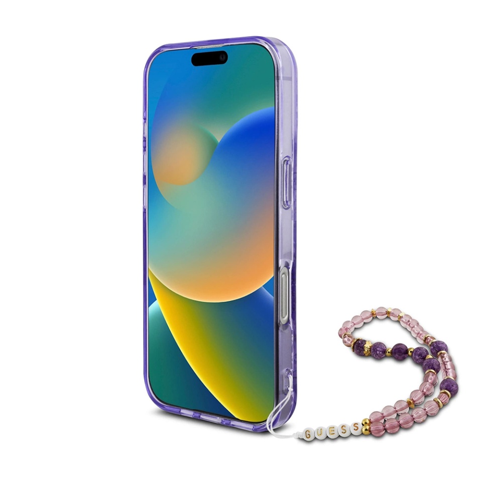 Husa pentru iPhone 16 Pro Max, IML Flowers with Pearl Strap MagSafe, Guess - Mov - 2 | YEO