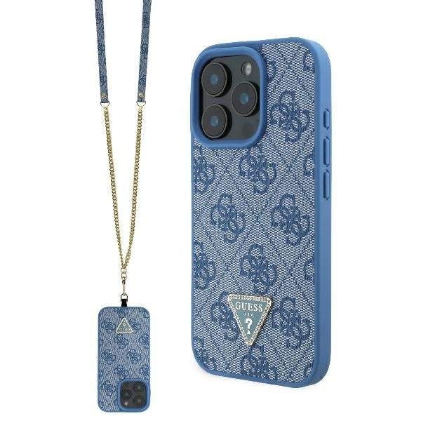 Husa pentru iPhone 16 Pro Max Leather Metal Logo Strass Crossbody, Guess - Albastru