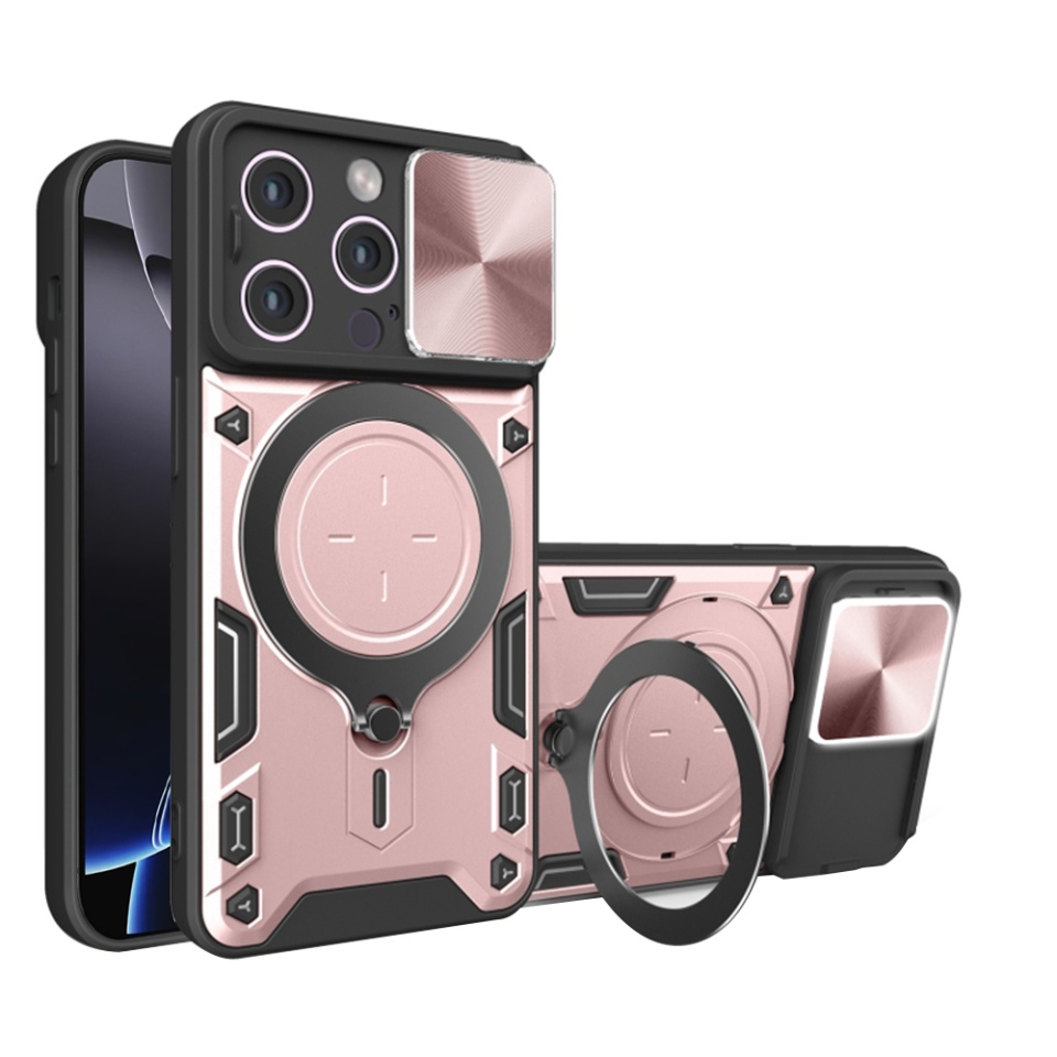 Husa pentru iPhone 16 Pro Max, SKYDDAR INNOVATION, CamGuard Pro, Inel Magnetic, Protectie Camera, Roz auriu, set cu sticker