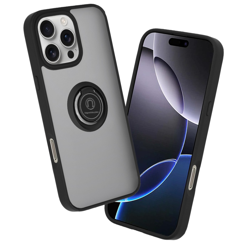 Husa pentru iPhone 16 Pro Max, SKYDDAR INNOVATION, Glinth cu Inel Rotativ 360° Magnetic, Negru, set cu sticker