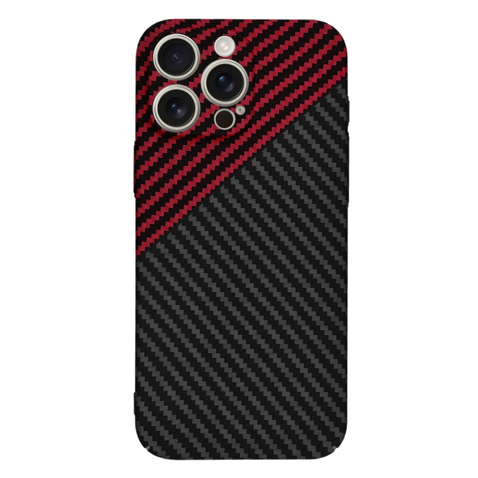 Husa pentru iPhone 16 Pro Max, SKYDDAR INNOVATION, textura carbon, Carbonite FiberShell, Rosu inchis, set cu sticker - 2 | YEO