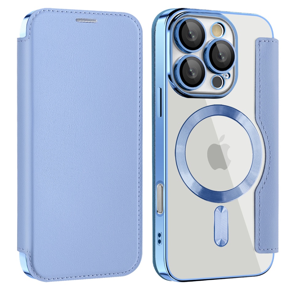 Husa pentru iPhone 16 Pro Max tip carte, SKYDDAR INOVATION, SmartMag Book, Magsafe, RFiD, Suport Carduri, set cu sticker, Bleu - 1 | YEO