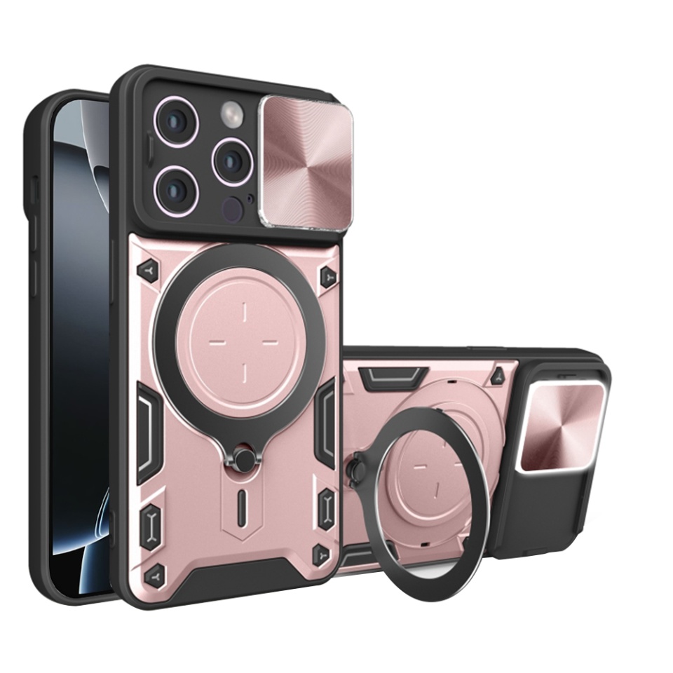 Husa pentru iPhone 16 Pro, SKYDDAR INNOVATION, CamGuard Pro, Inel Magnetic, Protectie Camera, Roz auriu, set cu sticker