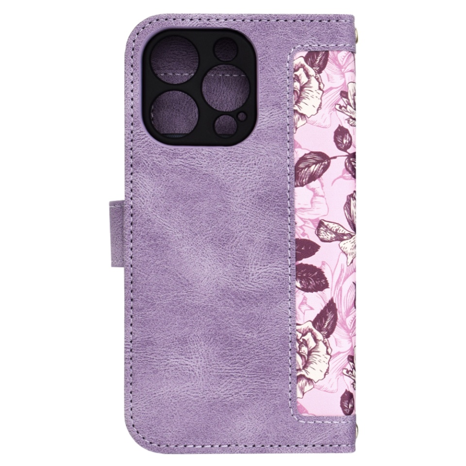 Husa pentru iPhone 16 Pro, SKYDDAR INNOVATION, Floral Wallet, din Piele Ecologică cu Design Floral, Protecție 360°, Stand Integrat, Buzunare pentru Carduri, Mov, set cu sticker - 1 | YEO
