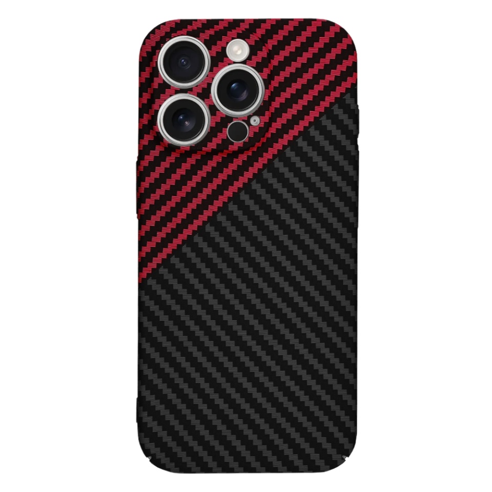 Husa pentru iPhone 16 Pro, SKYDDAR INNOVATION, textura carbon, Carbonite FiberShell, Rosu inchis, set cu sticker - 2 | YEO