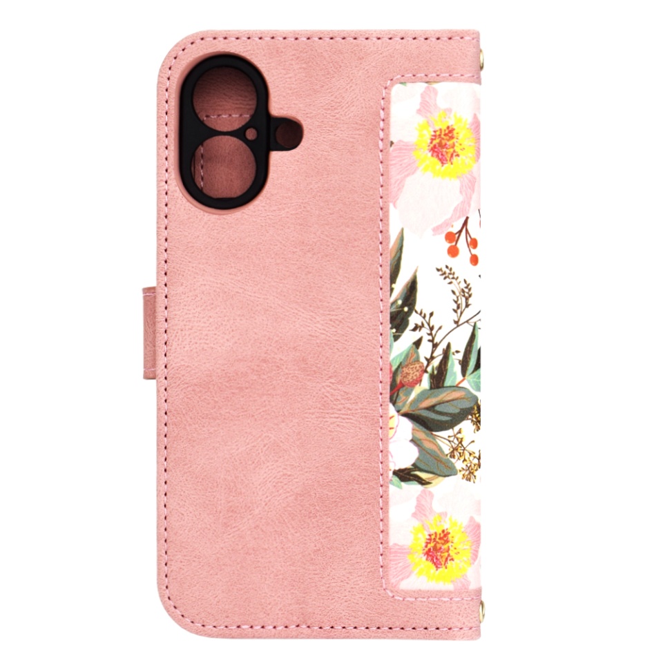 Husa pentru iPhone 16, SKYDDAR INNOVATION, Floral Wallet, din Piele Ecologică cu Design Floral, Protecție 360°, Stand Integrat, Buzunare pentru Carduri, Roz, set cu sticker - 1 | YEO
