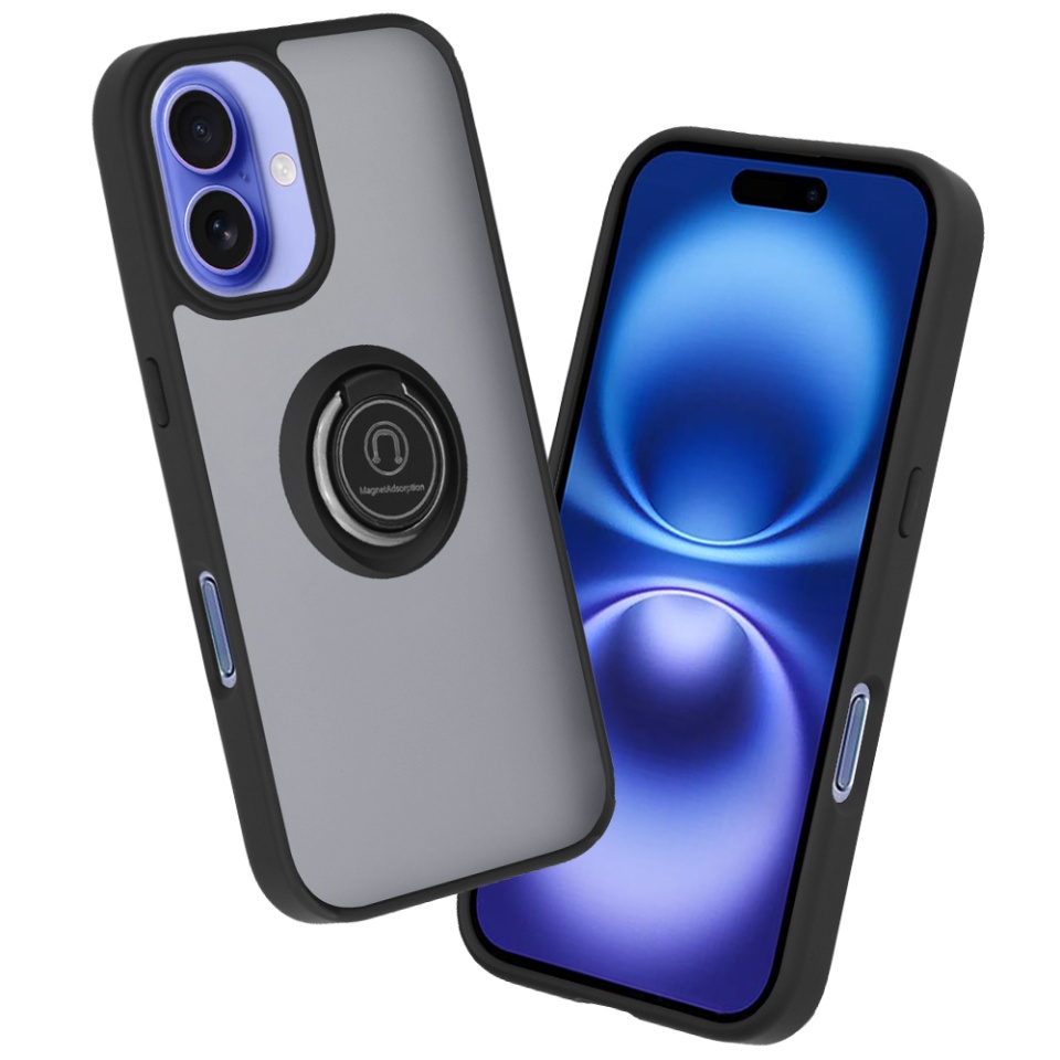 Husa pentru iPhone 16, SKYDDAR INNOVATION, Glinth cu Inel Rotativ 360° Magnetic, Negru, set cu sticker