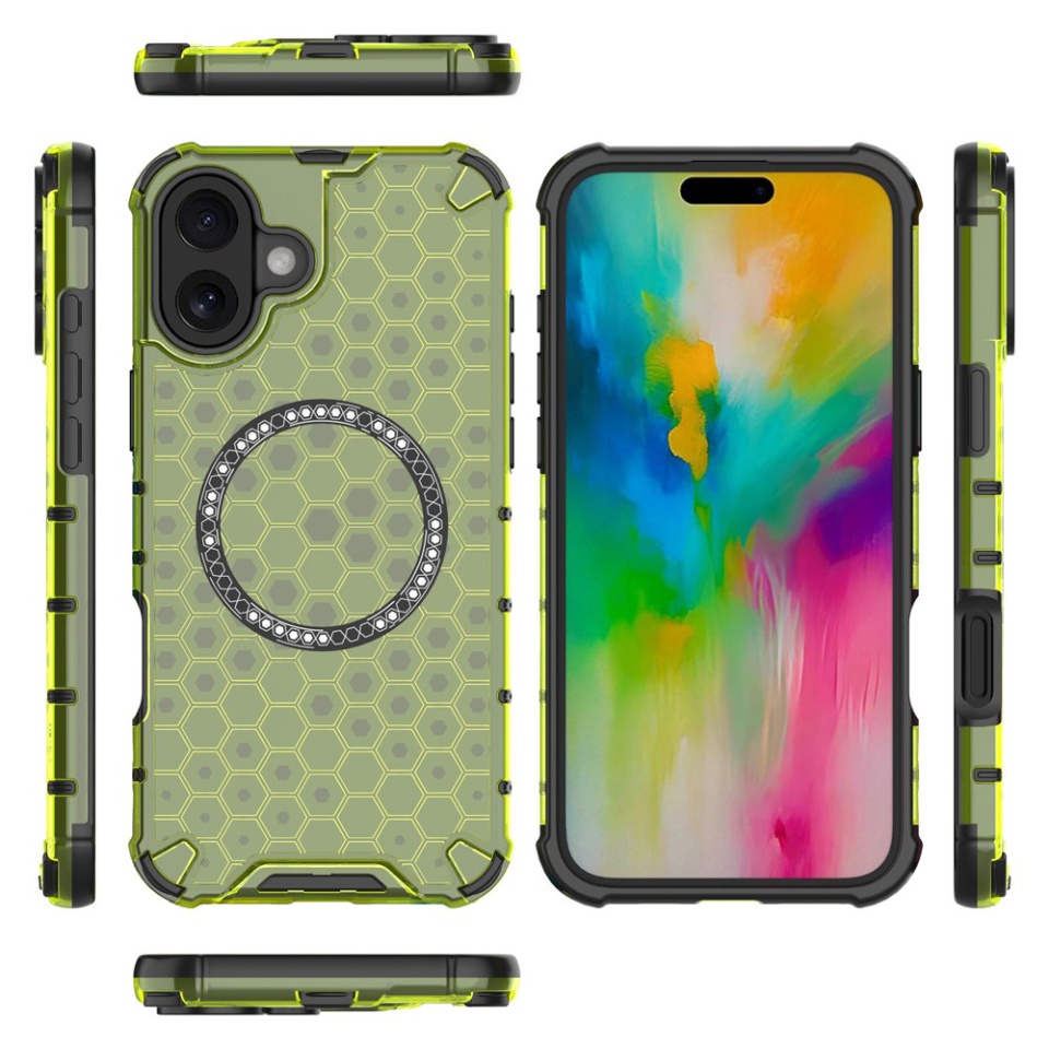 Husa pentru iPhone 16, SKYDDAR INNOVATION, HoneyComb Shield MagSafe, Antisoc, set cu sticker, Verde - 3 | YEO