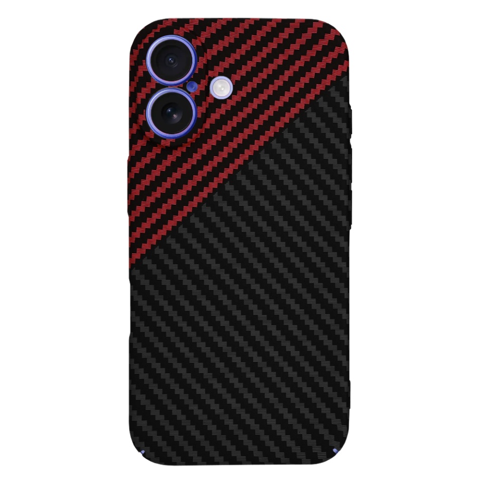 Husa pentru iPhone 16, SKYDDAR INNOVATION, textura carbon, Carbonite FiberShell, Rosu inchis, set cu sticker - 2 | YEO
