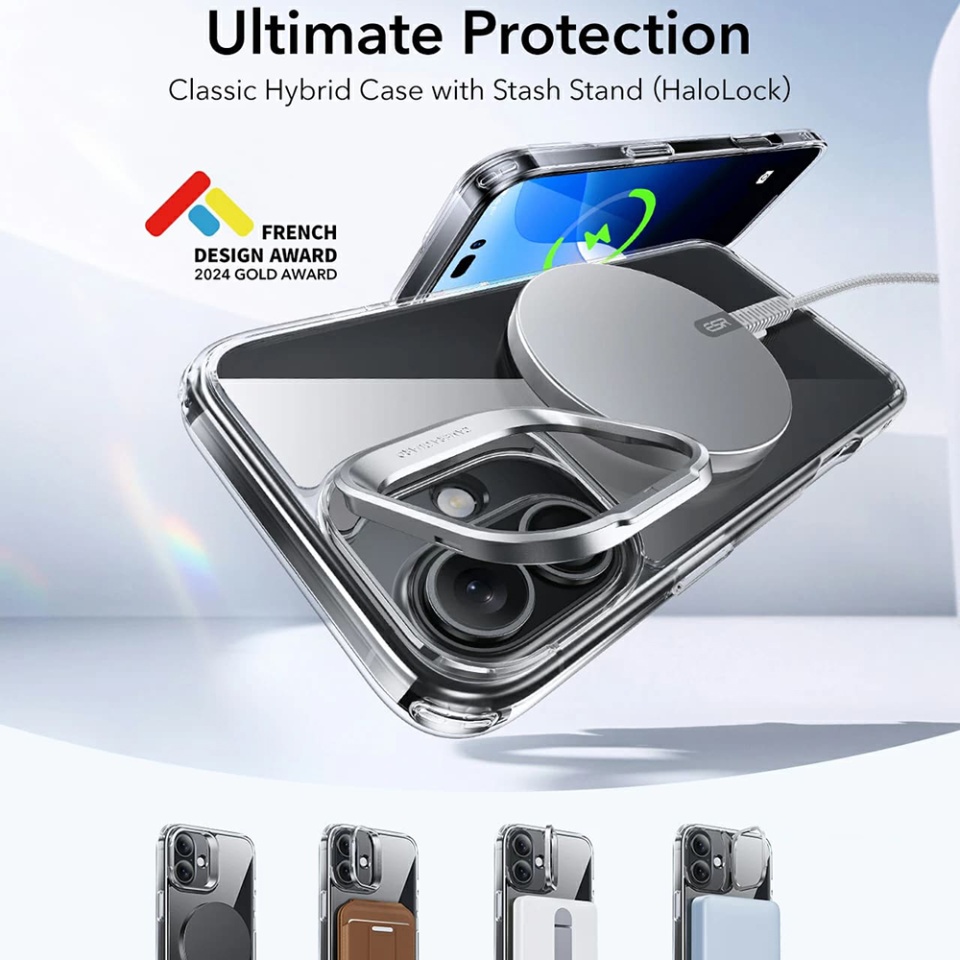 Husa pentru iPhone 16, slim MagSafe, Classic Hybrid HaloLock Kickstand ESR - Negru/transparenta - 1 | YEO