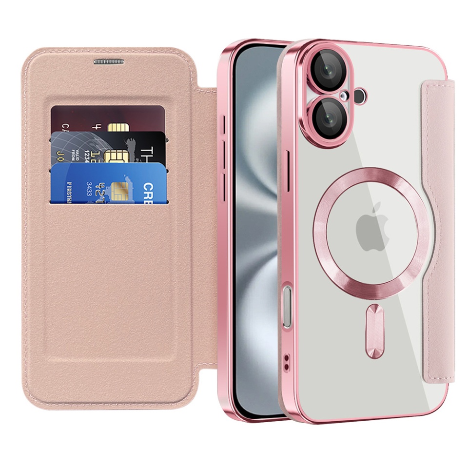 Husa pentru iPhone 16 tip carte, SKYDDAR INOVATION, SmartMag Book, Magsafe, RFiD, Suport Carduri, set cu sticker, Roz