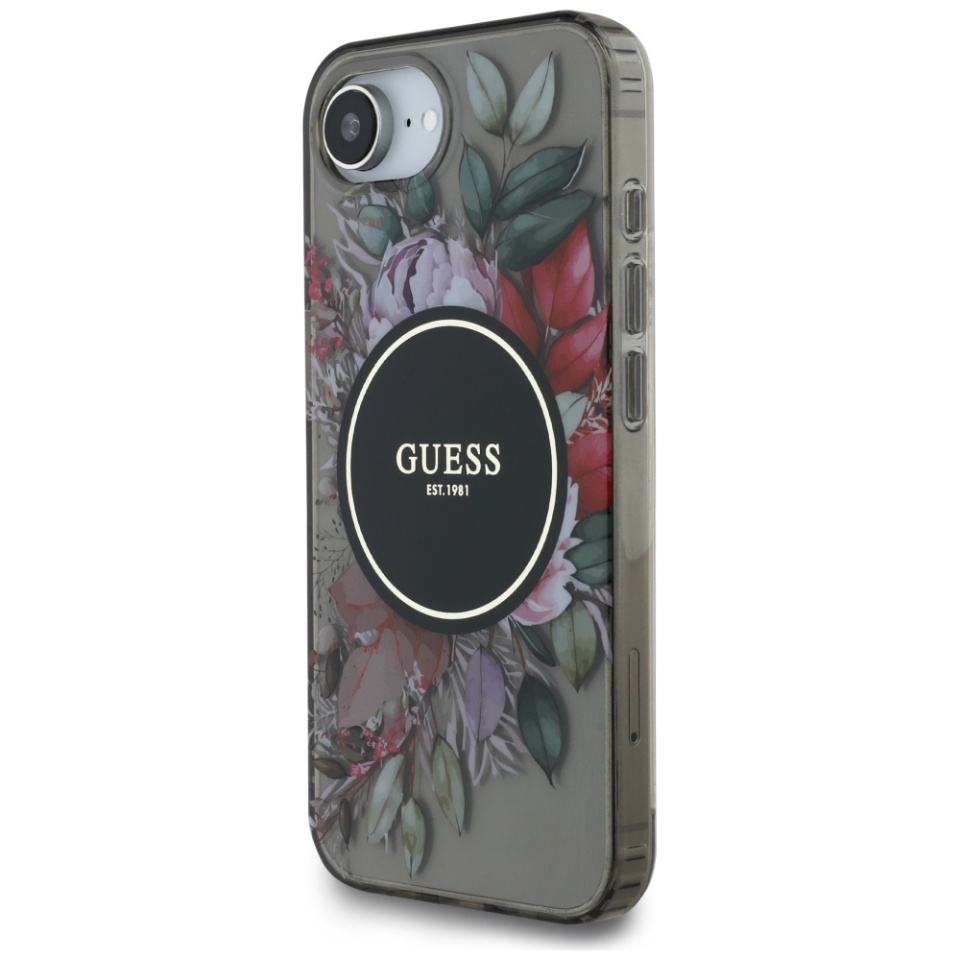 Husa pentru iPhone 16e, IML Flowers with Pearl Strap MagSafe, Guess - Negru - 2 | YEO