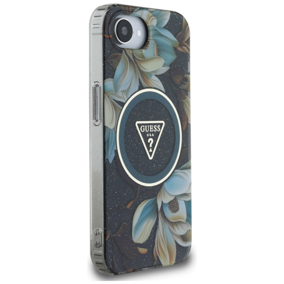 Husa pentru iPhone 16e, IML Flowers with Pearl Strap MagSafe, Guess - Negru - 1 | YEO