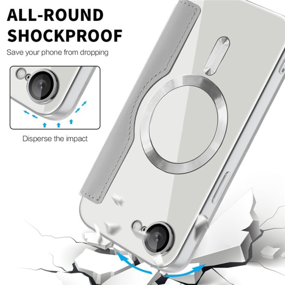 Husa pentru iPhone 16e tip carte, SKYDDAR INOVATION, SmartMag Book, Magsafe, RFiD, Suport Carduri, set cu sticker, Gri - 2 | YEO
