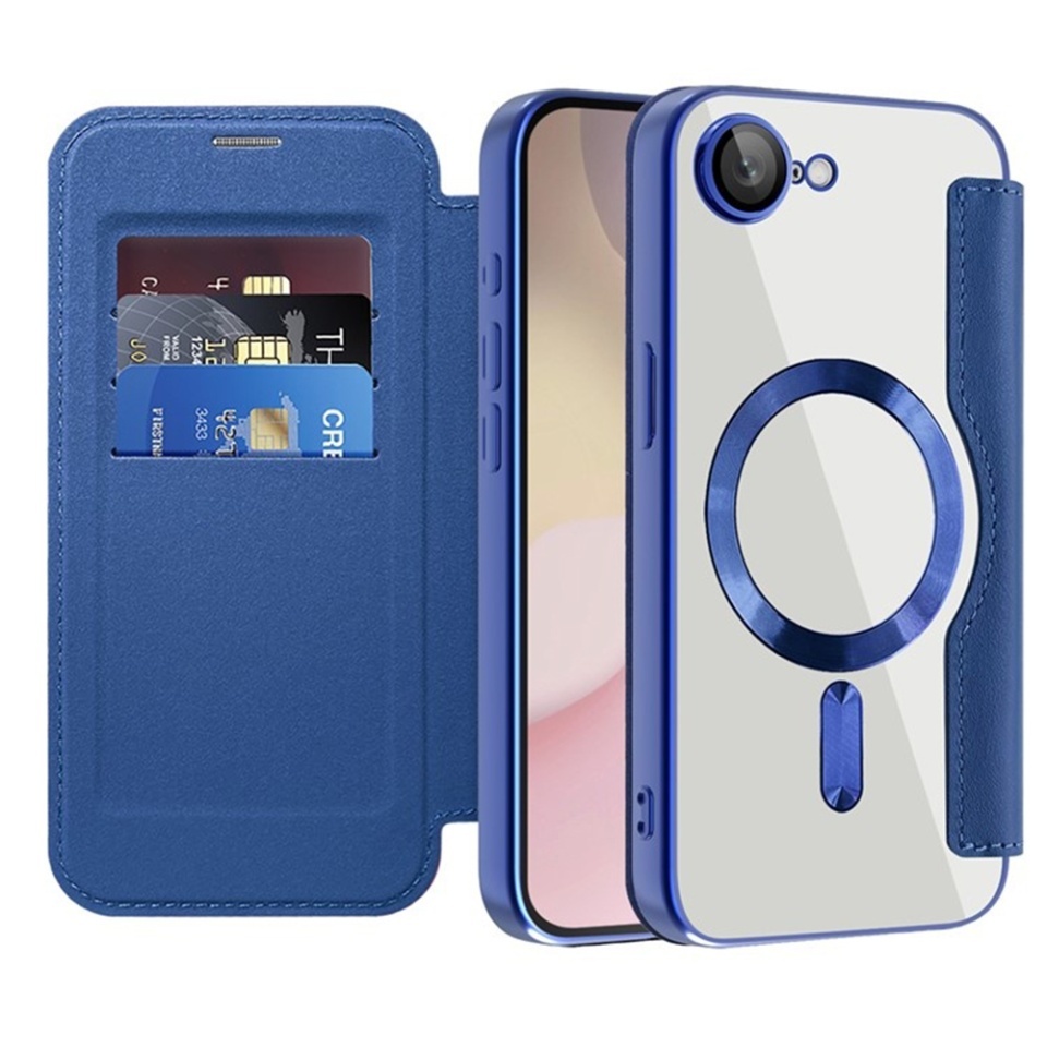 Husa pentru iPhone 16e tip carte, SKYDDAR INOVATION, SmartMag Book, Magsafe, RFiD, Suport Carduri, set cu sticker, Albastru