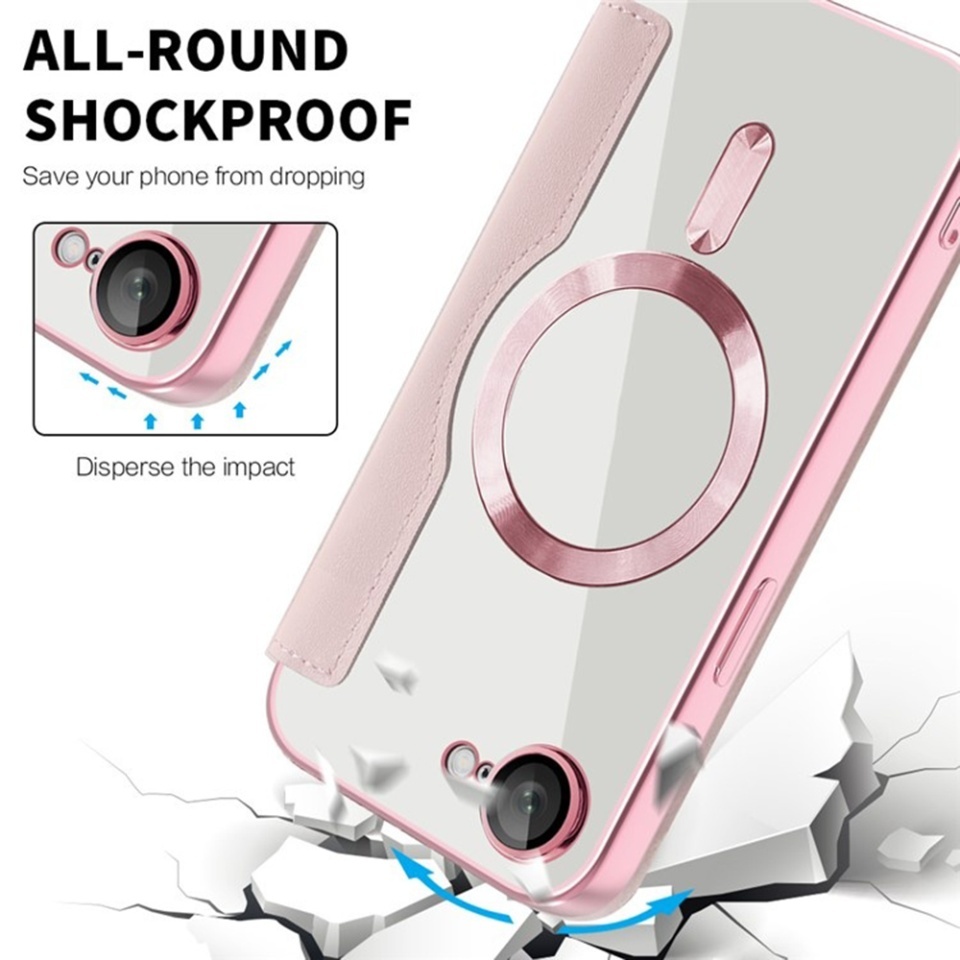 Husa pentru iPhone 16e tip carte, SKYDDAR INOVATION, SmartMag Book, Magsafe, RFiD, Suport Carduri, set cu sticker, Roz - 2 | YEO