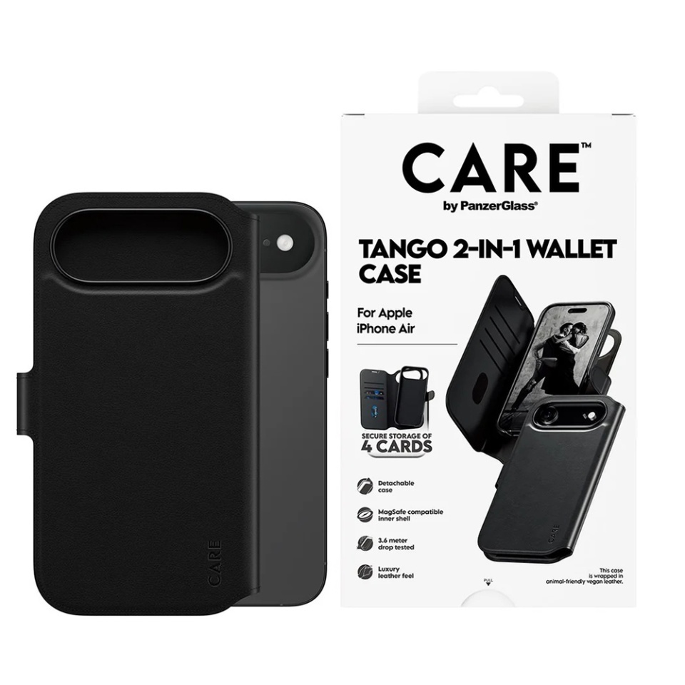 Husa pentru iPhone 17 Air, PanzerGlass, CARE Feature MagSafe Case Tango Two-in-One Wallet, Tip Carte Detasabila 2in1 cu Portofel si Prindere Magnetica, Piele Ecologica, Antisoc, Negru - 2 | YEO