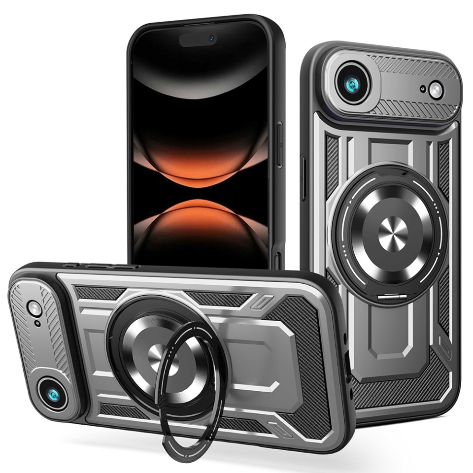 Husa pentru iPhone 17 Air, SKYDDAR INNOVATION, RuggedCam, Inel magnetic antisoc, set cu sticker, Gri