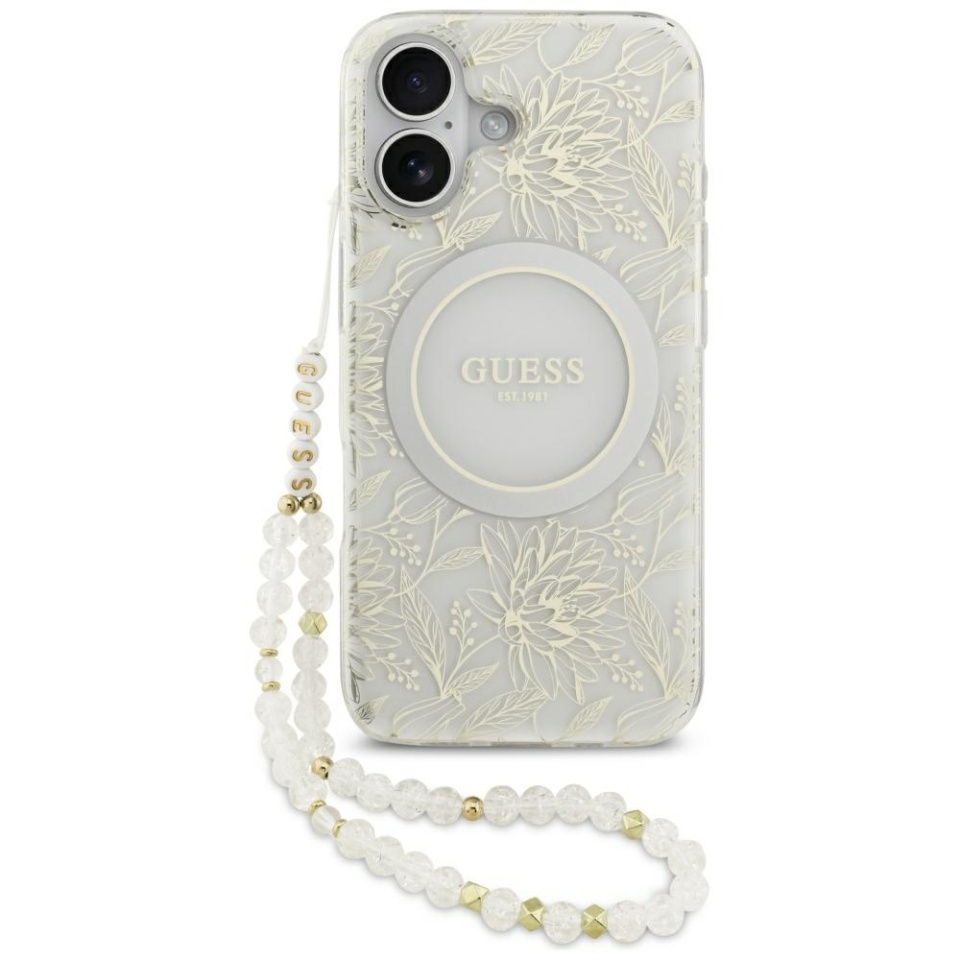 Husa pentru iPhone 17, IML Flowers with Pearl Strap MagSafe, Guess - Alb