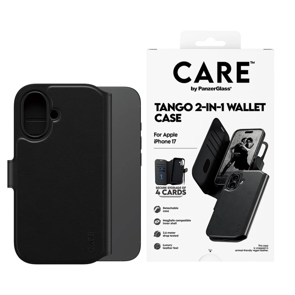 Husa pentru iPhone 17, PanzerGlass, CARE Feature MagSafe Case Tango Two-in-One Wallet, Tip Carte Detasabila 2in1 cu Portofel si Prindere Magnetica, Piele Ecologica, Antisoc, Negru - 8