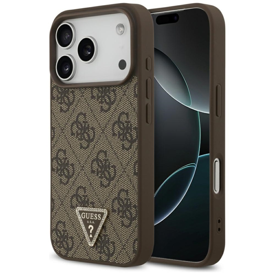Husa pentru iPhone 17 Pro, Guess, Leather 4G Triangle Strass, Maro