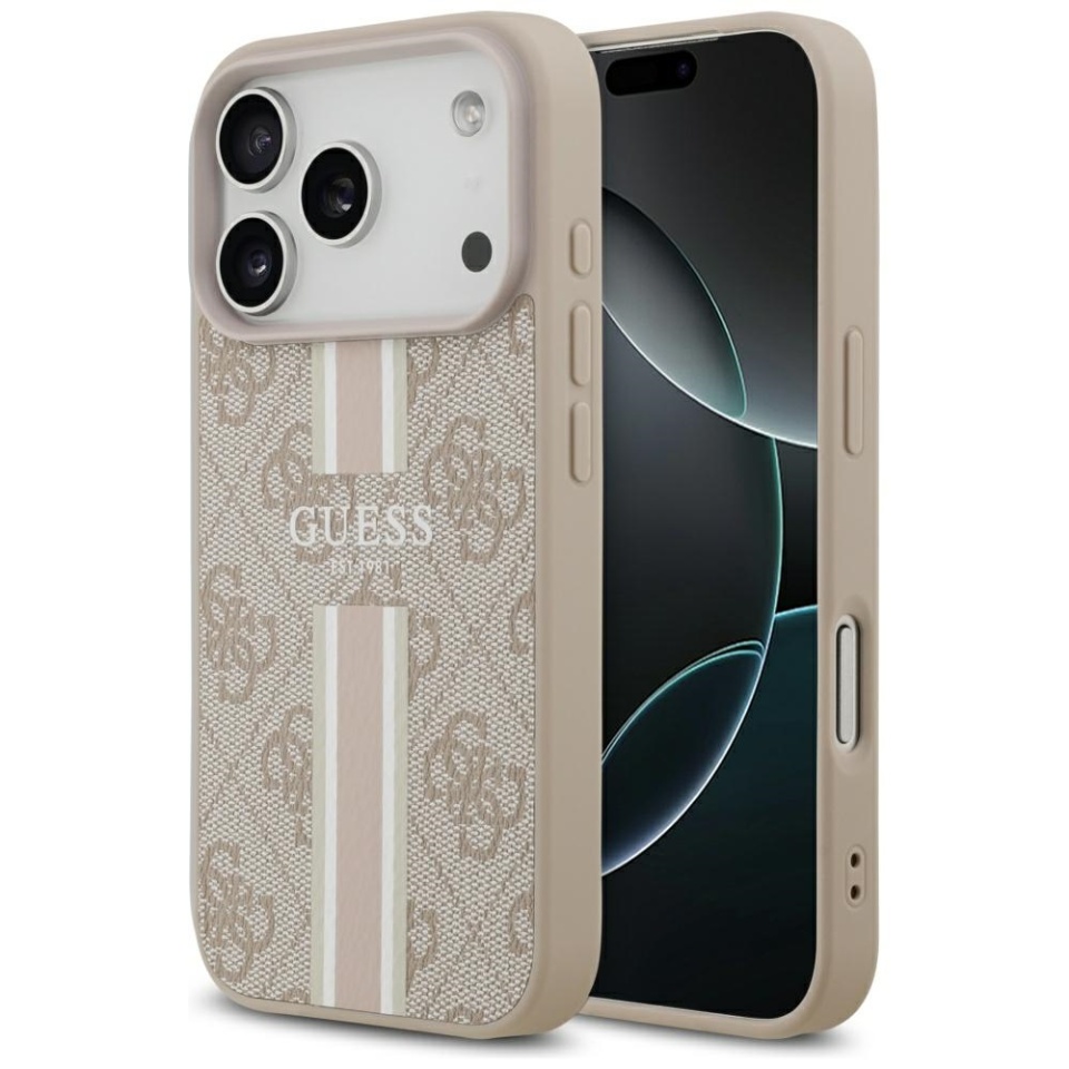 Husa pentru iPhone 17 Pro, Guess Printed Stripes MagSafe, Roz